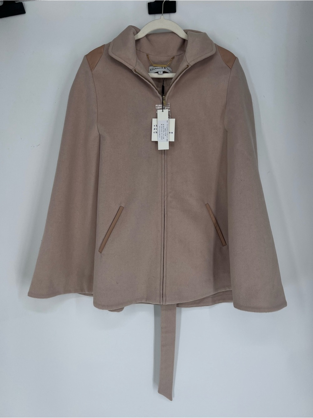 Ellsworth and Ivey Wool Leather Blush Pink Zip Front Belted Coat Cape M NWT